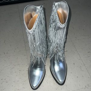 Women Fringe & Sequins Decor Point Toe Chunky Heeled Western Boots